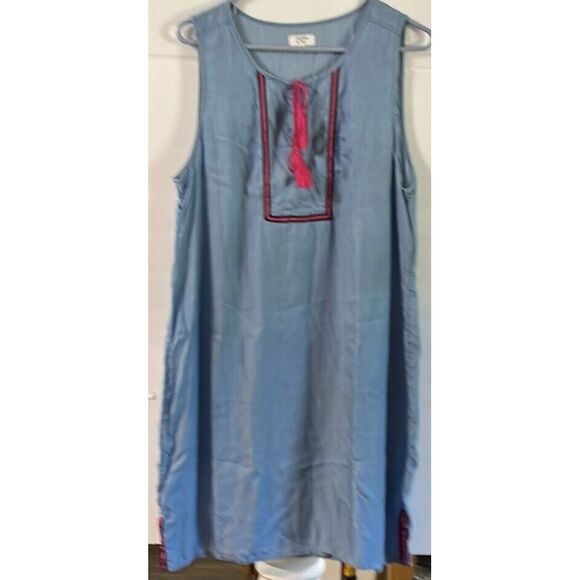 Crown & Ivy dress size 14, sleevless, denim blue and‎ pink with black stripes - Picture 1 of 4